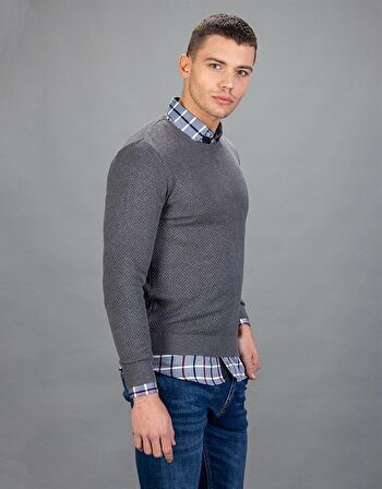 Tudors Slim Fit Dar Kesim Bisiklet Yaka Petek Desenli Erkek Kazak