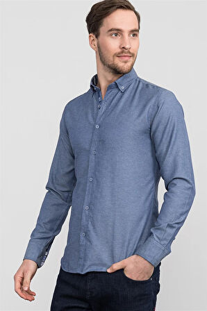 Erkek Slim Fit Dar Kesim Uzun Kollu Pamuklu Oxford Doku Lacivert Düğmeli Yaka Gömlek