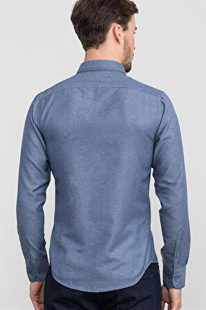 Erkek Slim Fit Dar Kesim Uzun Kollu Pamuklu Oxford Doku Lacivert Düğmeli Yaka Gömlek