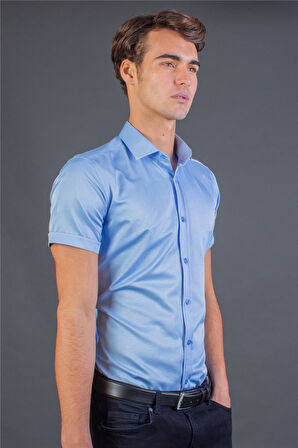 Modern Slim Fit Kısa Kollu Düz Saten Erkek Mavi Gömlek