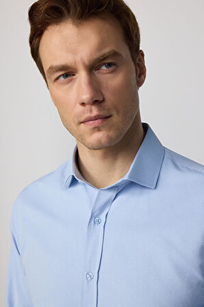 Slim Fit Uzun Kollu Pamuklu Kolay Ütü Armürlü Erkek Mavi Gömlek