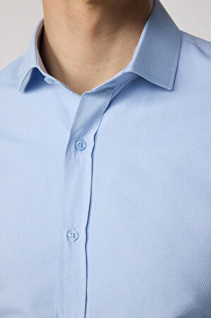 Slim Fit Uzun Kollu Pamuklu Kolay Ütü Armürlü Erkek Mavi Gömlek