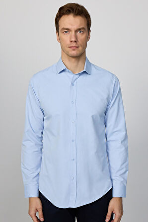 Slim Fit Uzun Kollu Pamuklu Kolay Ütü Armürlü Erkek Mavi Gömlek