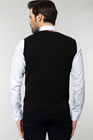 Tudors Slim Fit Dar Kesim V Yaka Kendinden Desenli Erkek Süveter