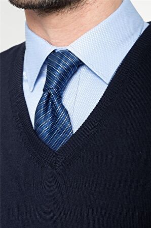 Tudors Slim Fit Dar Kesim V Yaka Kendinden Desenli Erkek Süveter