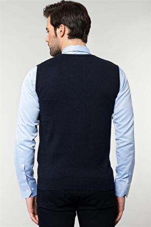 Tudors Slim Fit Dar Kesim V Yaka Kendinden Desenli Erkek Süveter