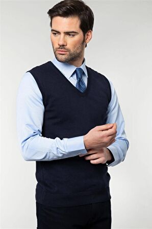 Tudors Slim Fit Dar Kesim V Yaka Kendinden Desenli Erkek Süveter