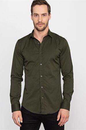 Tudors Slim Fit Dar Kesim Likralı Düz Saten Erkek Gömlek