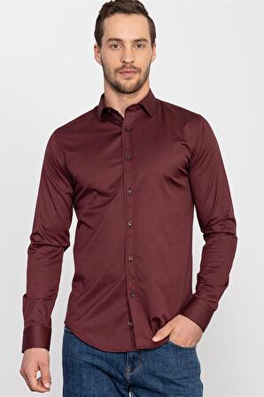 Tudors Slim Fit Dar Kesim Likralı Düz Saten Erkek Gömlek