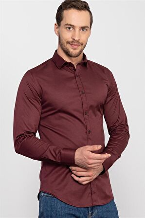 Tudors Slim Fit Dar Kesim Likralı Düz Saten Erkek Gömlek