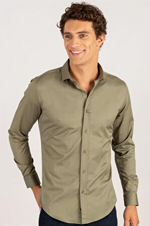 Tudors Slim Fit Dar Kesim Likralı Düz Saten Erkek Gömlek