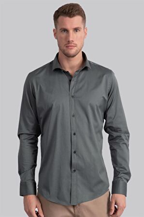 Tudors Slim Fit Dar Kesim Likralı Düz Saten Erkek Gömlek