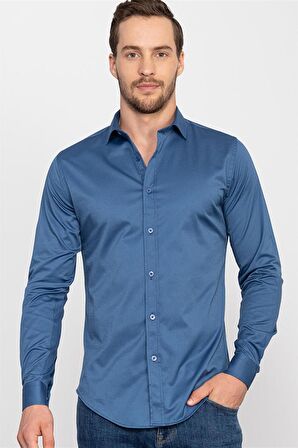 Tudors Slim Fit Dar Kesim Likralı Düz Saten Erkek Gömlek