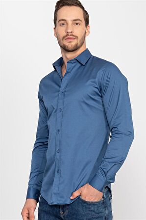 Tudors Slim Fit Dar Kesim Likralı Düz Saten Erkek Gömlek