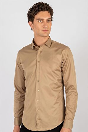 Tudors Slim Fit Dar Kesim Likralı Düz Saten Erkek Gömlek