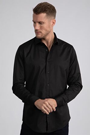 Tudors Slim Fit Dar Kesim Likralı Düz Saten Erkek Gömlek