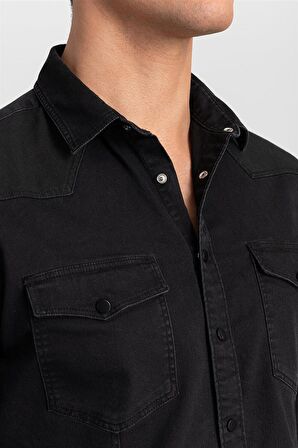 Tudors Slim Fit Dar Kesim Uzun Kol Erkek Kot Gömlek