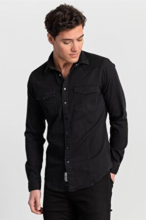 Tudors Slim Fit Dar Kesim Uzun Kol Erkek Kot Gömlek