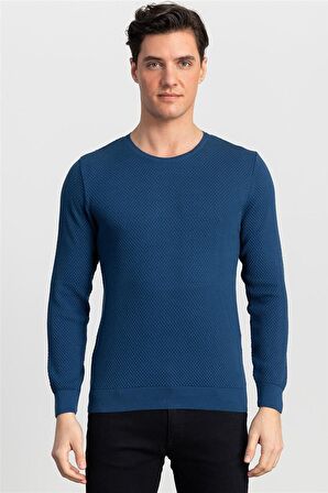 Tudors Slim Fit Dar Kesim Bisiklet Yaka Petek Desenli Erkek Kazak