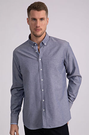 Erkek Regular Fit Klasik Kesim Pamuklu Oxford Doku Tek Cepli Lacivert Düğmeli Yaka Gömlek