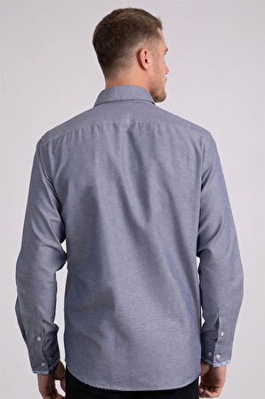 Erkek Regular Fit Klasik Kesim Pamuklu Oxford Doku Tek Cepli Lacivert Düğmeli Yaka Gömlek