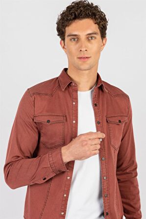 Tudors Slim Fit Dar Kesim Uzun Kol Erkek Kot Gömlek