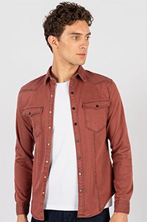 Tudors Slim Fit Dar Kesim Uzun Kol Erkek Kot Gömlek