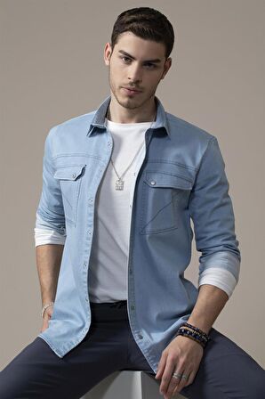 Tudors Slim Fit Dar Kesim Uzun Kol Çift Parça Dikiş Cep Erkek Kot Gömlek