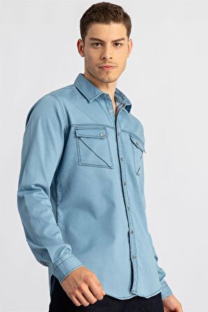 Tudors Slim Fit Dar Kesim Uzun Kol Çift Parça Dikiş Cep Erkek Kot Gömlek
