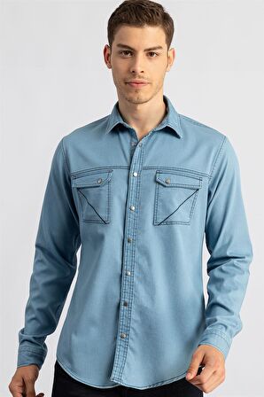 Tudors Slim Fit Dar Kesim Uzun Kol Çift Parça Dikiş Cep Erkek Kot Gömlek