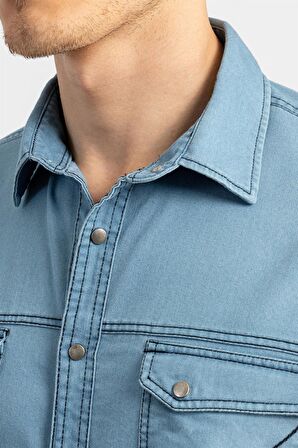 Tudors Slim Fit Dar Kesim Uzun Kol Çift Parça Dikiş Cep Erkek Kot Gömlek