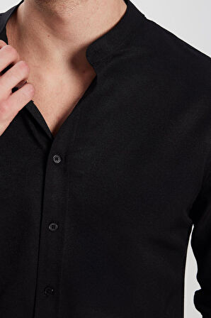 Erkek Slim Fit Dar Kesim Pamuklu Kolay Ütü Siyah Hakim Yaka Gömlek