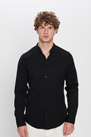 Erkek Slim Fit Dar Kesim Pamuklu Kolay Ütü Siyah Hakim Yaka Gömlek