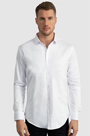 Tudors Slim Fit Dar Kesim Likralı Düz Saten Erkek Gömlek