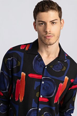 Tudors Slim Fit Uzun Kol Baskılı Desenli Apaj Yaka Viskon Gömlek
