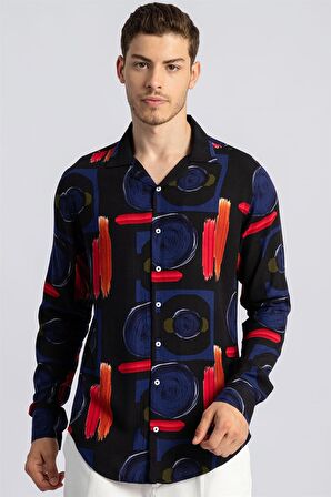 Tudors Slim Fit Uzun Kol Baskılı Desenli Apaj Yaka Viskon Gömlek