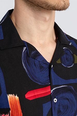 Tudors Slim Fit Uzun Kol Baskılı Desenli Apaj Yaka Viskon Gömlek