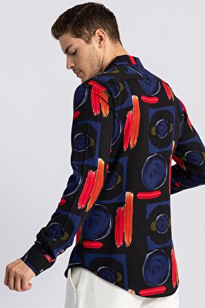 Tudors Slim Fit Uzun Kol Baskılı Desenli Apaj Yaka Viskon Gömlek