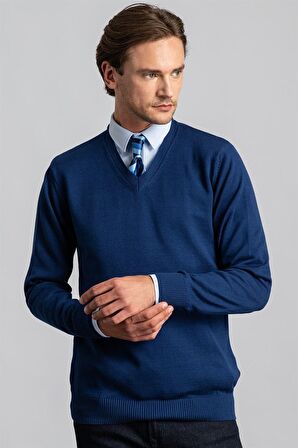 Tudors Slim Fit Dar Kesim V Yaka Pamuklu Erkek Kazak