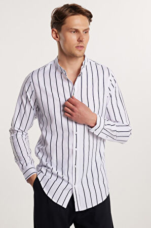 Slim Fit Uzun Kollu Hakim Yaka Pamuklu Kolay Ütü Çizgili Erkek Beyaz Gömlek