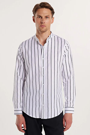 Slim Fit Uzun Kollu Hakim Yaka Pamuklu Kolay Ütü Çizgili Erkek Beyaz Gömlek