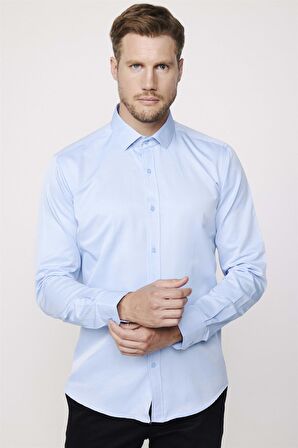 Modern Slim Fit Düz Saten Pamuklu Erkek Sax Mavi Gömlek