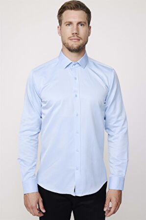 Modern Slim Fit Düz Saten Pamuklu Erkek Sax Mavi Gömlek