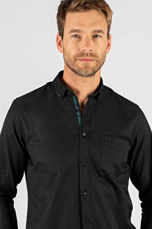 Erkek Regular Fit Klasik Kesim Pamuklu Oxford Doku Tek Cepli Siyah Düğmeli Yaka Gömlek