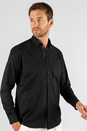 Erkek Regular Fit Klasik Kesim Pamuklu Oxford Doku Tek Cepli Siyah Düğmeli Yaka Gömlek