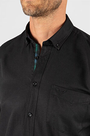 Erkek Regular Fit Klasik Kesim Pamuklu Oxford Doku Tek Cepli Siyah Düğmeli Yaka Gömlek