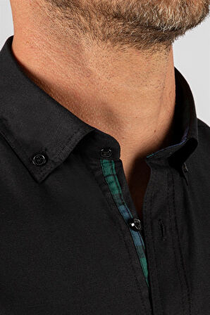 Erkek Regular Fit Klasik Kesim Pamuklu Oxford Doku Tek Cepli Siyah Düğmeli Yaka Gömlek