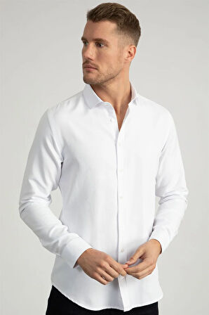 Slim Fit Uzun Kollu Armürlü Erkek Beyaz Gömlek