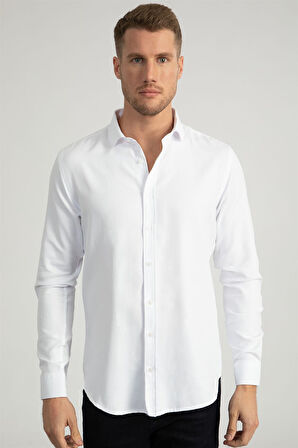 Slim Fit Uzun Kollu Armürlü Erkek Beyaz Gömlek
