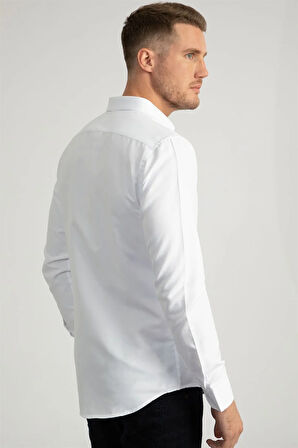 Slim Fit Uzun Kollu Armürlü Erkek Beyaz Gömlek